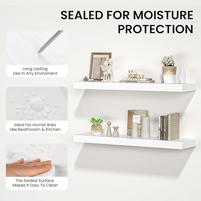 Floating Shelves for Wall,48" W x 9.3" D x 1.5" H, Wooden Wall Mounted Display Shelves with Invisible Brackets for Living Room, Bedroom, Bathroom, Kitchen Decor and Storage, Set of 1, White-Ruum Studio Home