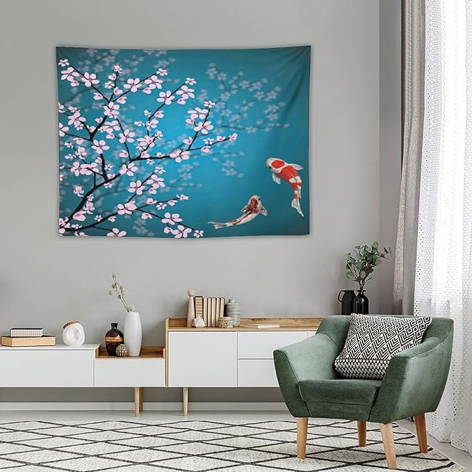 Japanese Koi Fish Tapestry, Cherry Blossoms Asian Oriental Green Teal Flower Branch Koi Fish Carp Tapestries Wall Hanging for Bedroom Living Room Office Decor 40"x30"-Ruum Studio Home