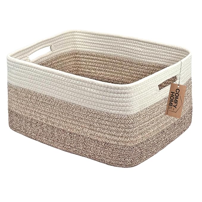 COMFY-HOMI Cotton Rope Woven Basket with Handles for Shelves,Toys,Book, Cloth Storage Baskets for Organizing-17" x 13" x 7.5" Toy Decorative Organizer for Living Room, Bathroom （white/3 brown）-Ruum Studio Home