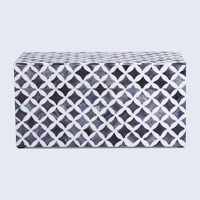 Handicrafts Home White Handmade Keepsake Organizer with Lid Decorative Storage Box- Star Pattern Collection Memories Holder for Jewelry, Photos & Cards- Home Decor Accents- Bone & Resin Inlay- 10x5x5-Ruum Studio Home