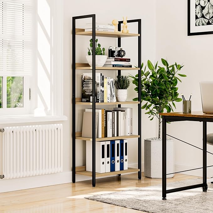 NUMENN Bookshelf, 5 Tier Bookshelves, Home Office Bookcase Shelf Storage Organizer, Free Standing Storage Shelving Unit for Bedroom, Living Room and Home Office, Natural-Ruum Studio Home