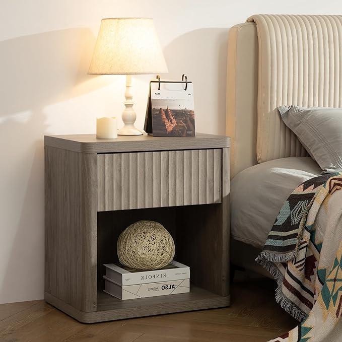 SICOTAS Night Stand Nightstand with Drawer Storage Fluted Bed Side Table End Table Large Modern Wide Bedside Stand Mid Century Night Stands for Bedroom Living Room Sofa Couch Home Office, Grey Alder-Ruum Studio Home