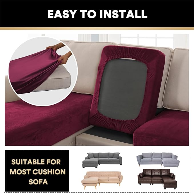 PrinceDeco Sectional Couch Covers 3 Pieces Velvet Sofa Covers L Shape Soft Couch Covers for Sectional Sofa Corner Sofa Cover Couch Cover for Dogs Washable (2 Seater + 1 Chaise,Burgundy)-Ruum Studio Home