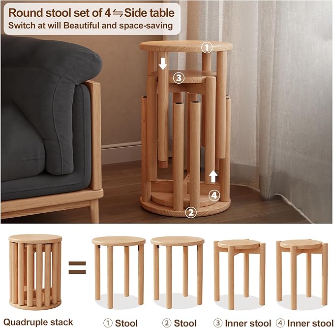 Stackable Stools Set of 4 Wooden Stools 18 Inch Stool Nesting Side Tables Nesting Coffe Table Sturdy and Durable,No Installation Required,Top Stackable Stool for Saving Space(Natural Bar stools)-Ruum Studio Home