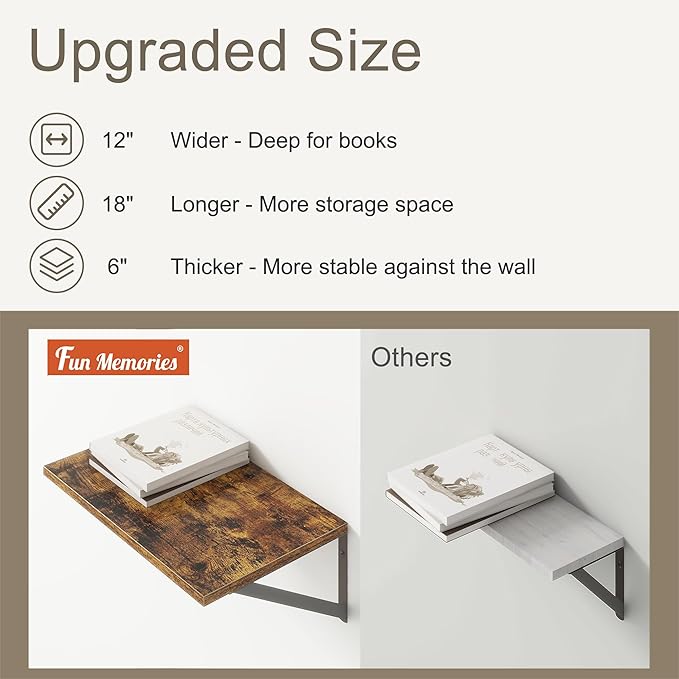 18"W x12"D Floating Shelves, Farmhouse Wall Shelves Home Decor Shelf, Deep Bathroom Shelf with Bracket, 12 Inch Deep Wall Shelves for Living Room, Kitchen, Bedroom, Rustic Brown, Set of 2-Ruum Studio Home