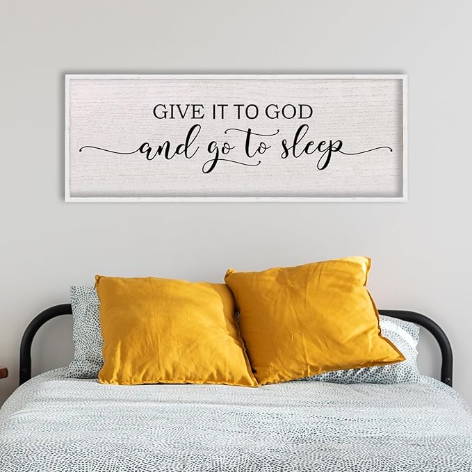 Give It To God And Go To Sleep Above Bed Wall Decor Sign 40"X15" Master Bedroom Over Bed Wall Wood Framed Art (White)-Ruum Studio Home