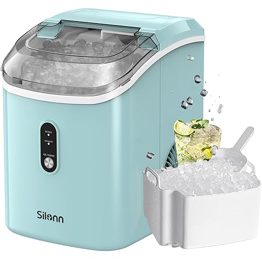 Nugget Ice Maker Countertop, Silonn Chewable Pellet Ice Machine with Self Cleaning Function, Pebble Portable Ice Maker with Ice Scoop for Home Kitchen Office, Green-Ruum Studio Home