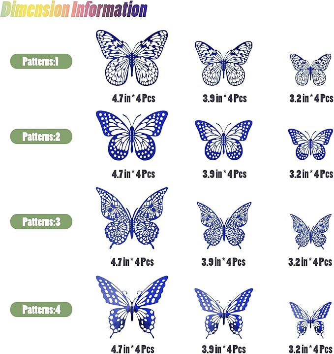 SAOROPEB Butterfly Wall Stickers, 48 Pcs 4 Styles 3 Sizes, Metallic Paper, Removable, Navy Blue, Art Deco Decor for Wall-Ruum Studio Home