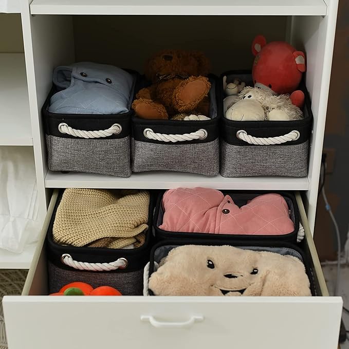 TheWarmHome Storage Basket for Organizing - 12x8x5.2 inch Small 6 Pack Collapsible Storage Bin for Shelves with Rope, Fabric Storage Cubes for Cloth Gift Toy Decorative Organizer (Black & Grey)-Ruum Studio Home