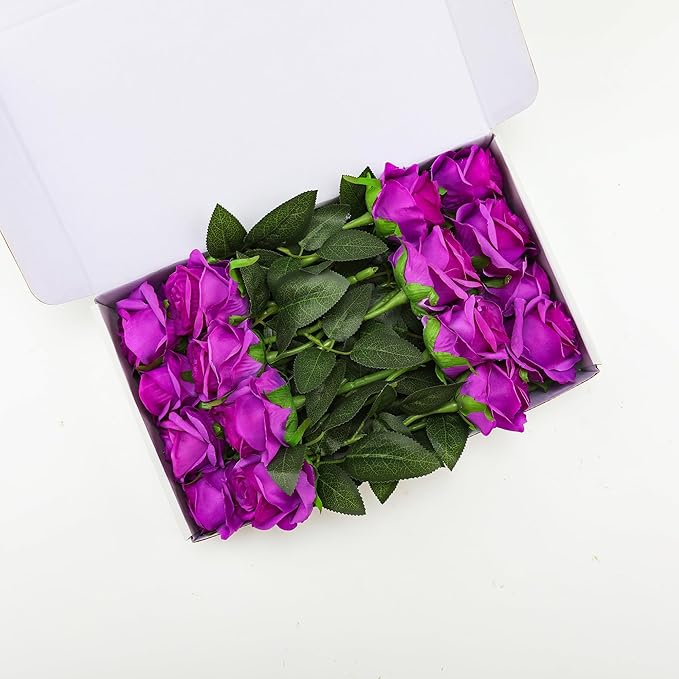 Purple Fake Roses Artificial Flowers - 16 Pcs Fake Artificial Roses Silk Flowers with Stems for Home Wedding Hotel Office Centerpiece Decor-Ruum Studio Home