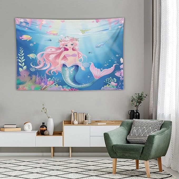 HZOHNAGO Mermaid Girls Tapestry Watercolor Mermaid Princess Pattern Printed Wall Tapestry Wall Hanging for Bedroom Living Room Dorm 60" W x 40" H-Ruum Studio Home