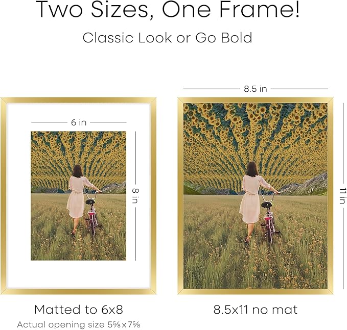 Homeforia 8.5 by 11 Picture Frame Gold, High End Metal 8.5x11 Poster Frames with Mat 6x8 Photo, 8.5 x 11 Frame Matted to 6 x 8 Print, 8.5by11 Wall or Tabletop Frame, Tempered Glass, Wall Kit, Set of 1-Ruum Studio Home