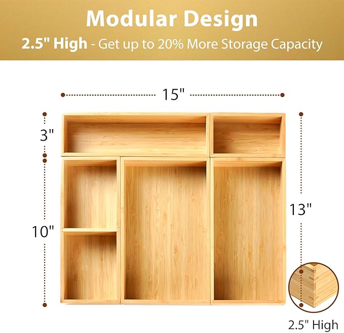 Umilife Drawer Organizer Storage Boxes, 2.5" High Bamboo Drawer Dividers, 5 Rearrangeable Bins for Kitchen, Office Desktop, Clothing, Makeup, vanity, Jewelry-Ruum Studio Home
