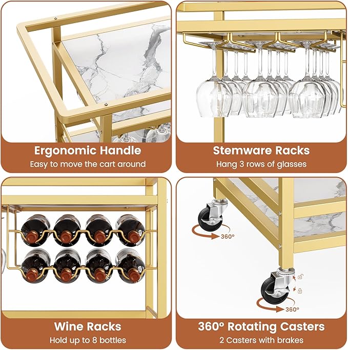 Leteuke Bar Cart for Home, 3 Tier Gold Serving Rolling Carts with Wheels, Drink Cart, Liquor Stand with Marbled Wooden Shelves, Wine Rack and Glass Holder for Kitchen, Dining Room-Ruum Studio Home