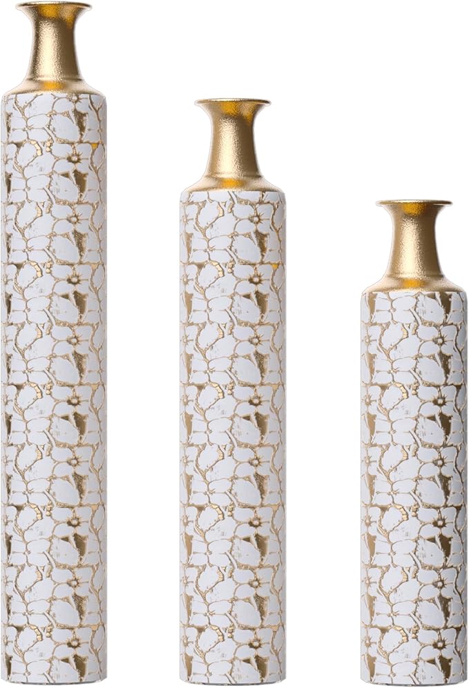 Medhansh Metal Floor Vase, Tall Floor Vase with Gold Twig Pattern, Antique White Finish (Set of 3)-Ruum Studio Home