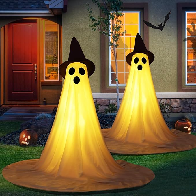 2 Packs Halloween Ghost Outdoor Decorations, 59” Light Up Ghost Decor with Remote Control, Adjustable Height Standing Halloween Lighted Ghost Kit with Witch Hat Ideal for Porch, Garden, Yard-Ruum Studio Home