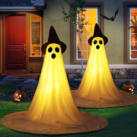 2 Packs Halloween Ghost Outdoor Decorations, 59” Light Up Ghost Decor with Remote Control, Adjustable Height Standing Halloween Lighted Ghost Kit with Witch Hat Ideal for Porch, Garden, Yard-Ruum Studio Home