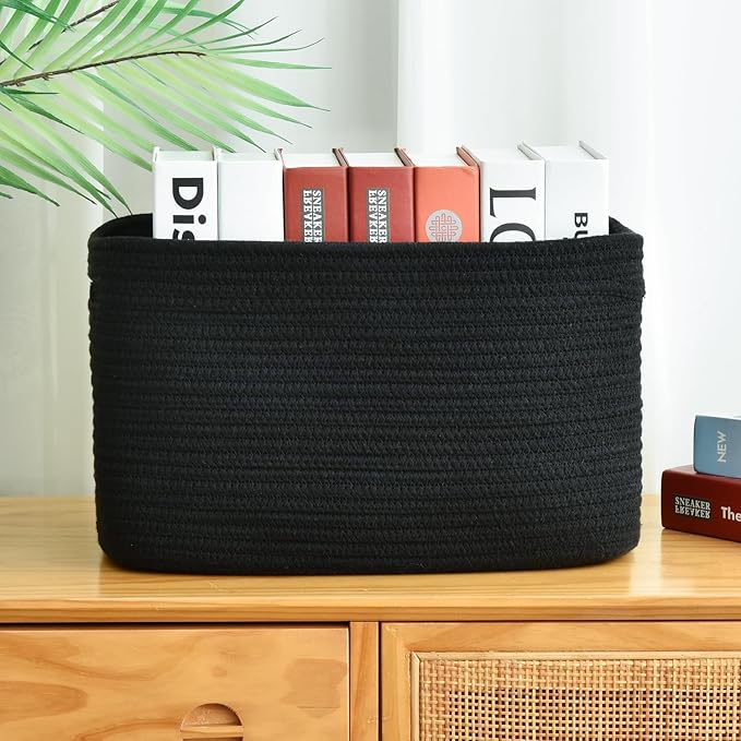 Storage Basket,Woven Baskets for Storage,Cotton Rope Baskets for Organizing,decorative Baskets for Shelves,book Basket,towel Basket,Toy Basket or Storage Bins for Living Room - 3 Pack,Black-Ruum Studio Home