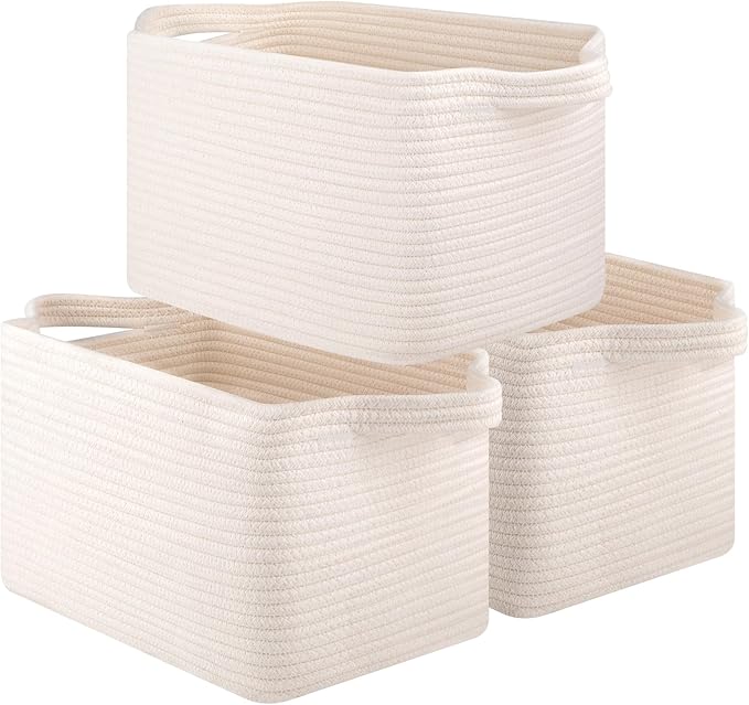 Storage Basket for Organizing, Woven Baskets for Storage, Rectangle Decorative Baskets for Shleves, Closet, Toys, Books, Nursery Organizer Bins - Pack of 3 (White)-Ruum Studio Home