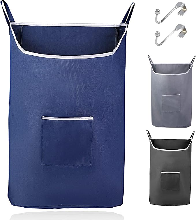 Fine Living Co. Large Hanging Laundry Hamper with Over Door Hooks & Adhesive, Durable Space Saving Laundry Bag with Zipper and Wide Open Top, Hanging Dorm Laundry Hamper (Navy Blue-XL)-Ruum Studio Home