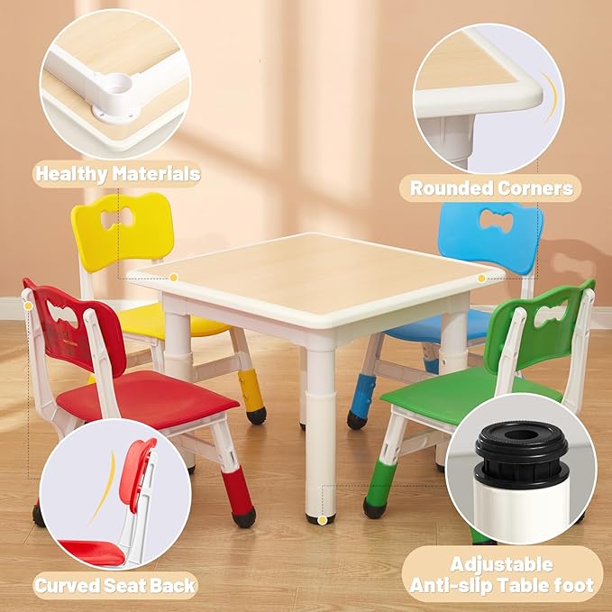FUNLIO Kids Table and 4 Chairs Set for Ages 3-8, Height Adjustable Toddler Table and Chair Set, Easy to Wipe Arts & Crafts Table, for Classrooms/Homes/Daycares, CPC & CE Approved(5 pcs set)-Multicolor-Ruum Studio Home