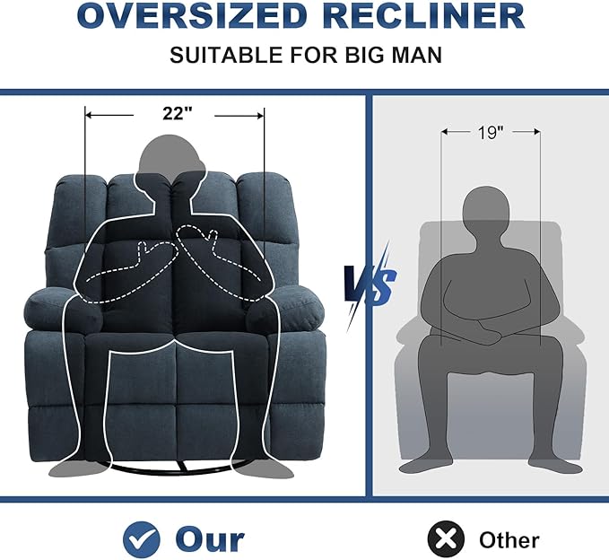 Oversized Recliner Chair, 360° Swivel Rocker Recliner for Big Man, Extra Wide Manual Recliner, Overstuffed Soft Rocking Sofa Chair, Overstuffed Soft Rocking Sofa Chair for Living Room(Grey)-Ruum Studio Home