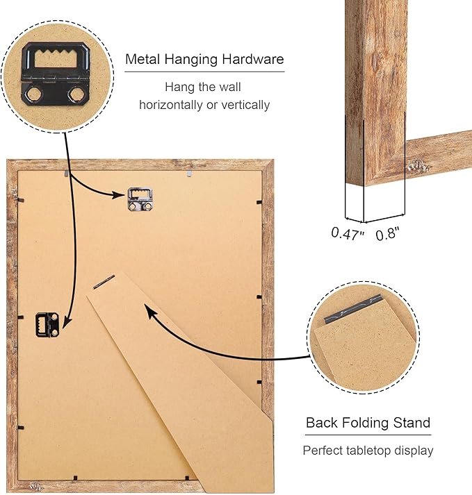 11x14 Picture Frame Set of 4, 11 x 14 Wood Photo Frames with Mat for 8x10, Natural Wooden Frame with Real Glass Cover for Wall and Tabletop Display,Brown-Ruum Studio Home