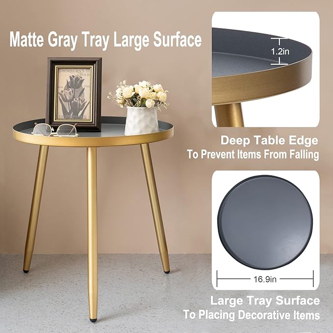 AOJEZOR Side Table: End Table for Indoor Use - Round Side Tables for Small Spaces - Grey Top 3 Legged Gold-Ruum Studio Home