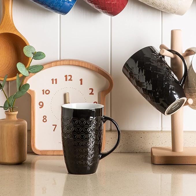 AmorArc Large Coffee Mugs Set of 6, 20oz Ceramic Tall Coffee Mugs Set with Textured Geometric Patterns for Latte/Tea/Beer/Hot Cocoa, Dishwasher & Microwave Safe, Black-Ruum Studio Home