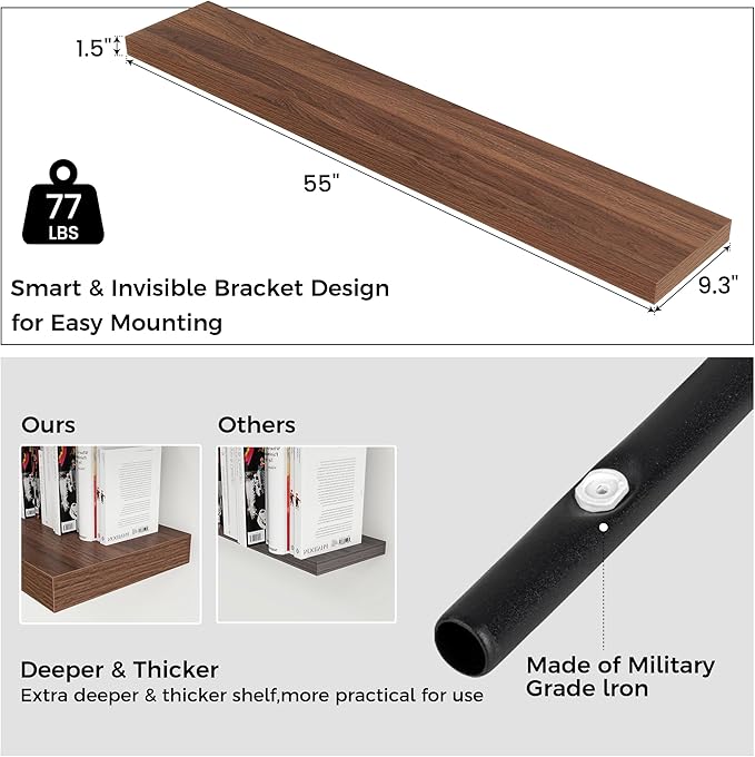 Floating Shelves for Wall, Large Wall Mounted Shelves with Invisible Brackets, Long Wood Floating Shelf for Living Room, Bedroom, Kitchen, (Walnut, 55" W x 9" D x 1.5" H)-Ruum Studio Home