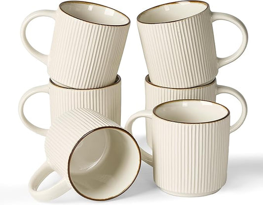 famiware Coffee Mug Set for 6, Star 12 oz Catering Mugs Cup Set with Handle for Coffee, Tea, Cocoa, Milk - Ceramic Stoneware Drinkware Set, White-Ruum Studio Home