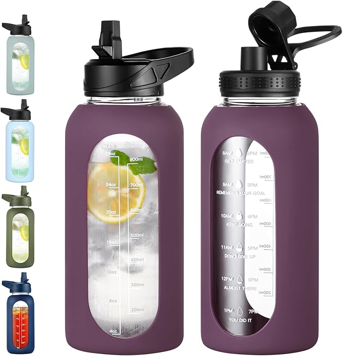 32 oz Glass Water Bottle with Straw and Handle, Sports Motivational Water Flask with Silicone Sleeve, Large Leakproof Water Flask Cup with Time Marker for Travel, Gym, Dark Purple-Ruum Studio Home