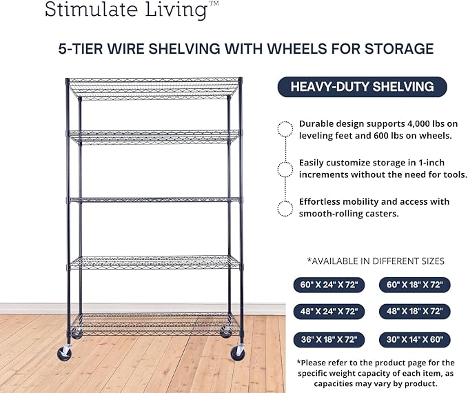 48"x24"x72" Prime Heavy Duty Black 5-Tier Steel Wire Shelving NSF 4000 LBS MAX Capacity Storage Rack for Commercial, School, Home, Garage, Warehouse, Industrial, and Hospital Uses (with Wheels)-Ruum Studio Home