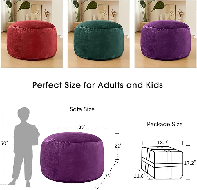 Bean Bag Chairs for Adults - Memory Foam Furniture BeanBag Chair - Kids/Teens Sofa with Soft Micro Fiber Cover - Round Fluffy Couch for Living Room Bedroom College Dorm - 3 ft, Purple-Ruum Studio Home
