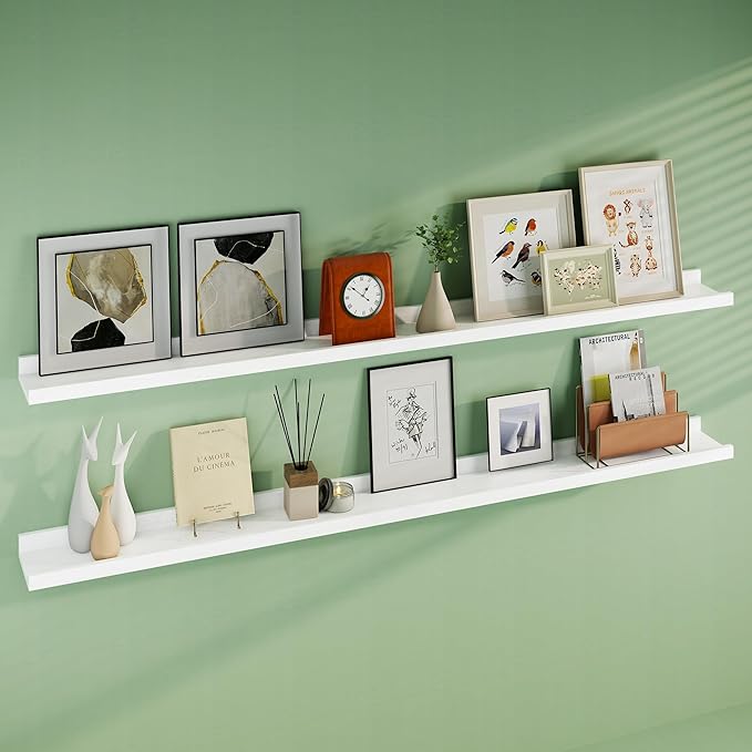 Floating Picture Ledge Shelves 72 Inch Solid Oak Wood Set of 2, Rustic Wall Storage Shelves with Lip, Kids Bookshelf, Photo & Picture Ledge Shelves for Bedroom, Living Room, Kitchen-Ruum Studio Home