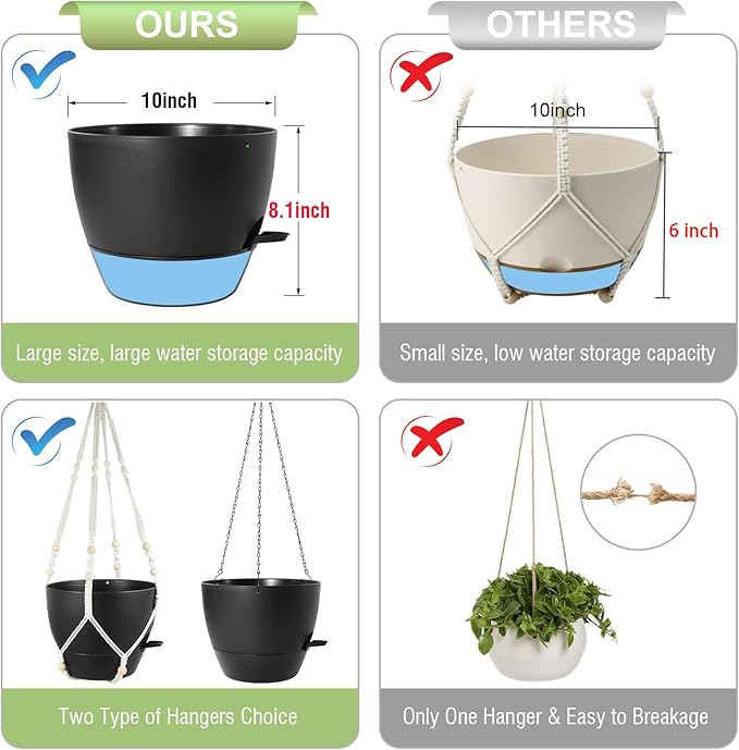 10 inch Self Watering Hanging Planters, 2 Pack Hanging Baskets for Indoor Outdoor Plants, Hanging Flower Pots with Drainage Holes & 2 Kinds of Plant Hangers for Garden Home Decor, Black-Ruum Studio Home
