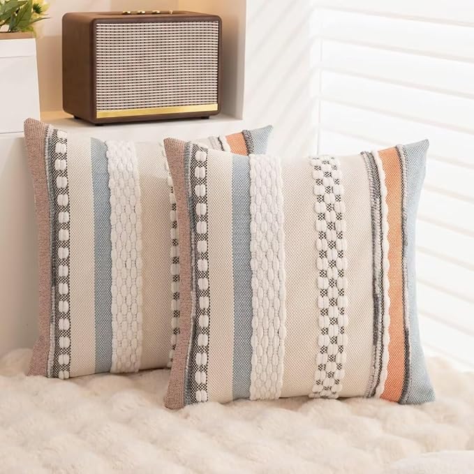 Boho Throw Pillow Covers 18x18 Set of 2 Farmhouse Decorative Cushion Case Striped Square Pillows Cover Chenille Pillow Cases Accent Neutral Pillowcase for Sofa Couch Bed,Orange-Blue-Ruum Studio Home