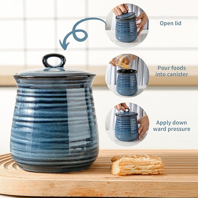 Hasense Ceramic Food Storage Jar with Airtight Seal Lid, 35 Ounce Kitchen Canister Container for Cookie, Ground Coffee, Pasta, Cereal, Flour, Sugar, Rice, Seasoning and Pet Treat, Navy-Ruum Studio Home