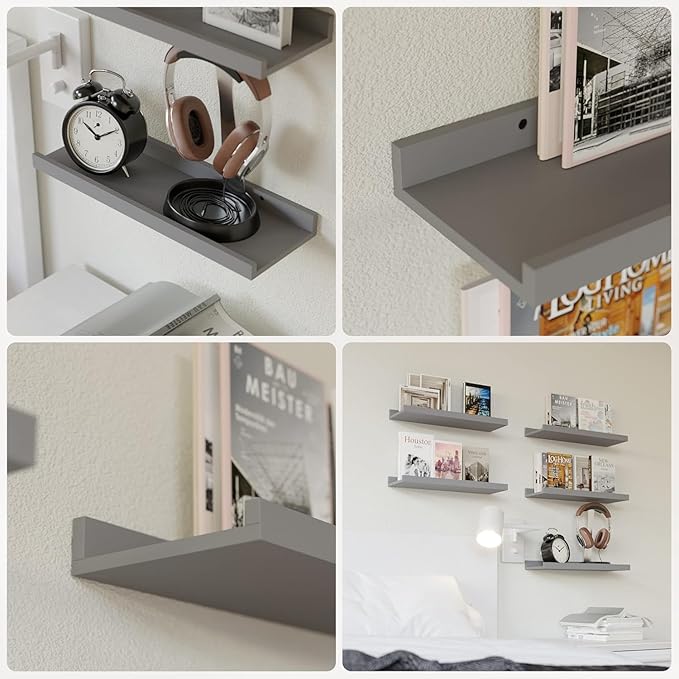 RICHER HOUSE 3 Set Floating Shelves for Wall, Black Wall Mounted Shelves with Lip for Storage, Display Picture Ledge Shelf for Bedroom Bathroom Kitchen Living Room Decor, Modern Grey-Ruum Studio Home