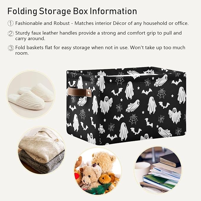 Collapsible Storage Basket Bin Happy Halloween Organizer Cube with Handle, Canvas, Black-Ruum Studio Home