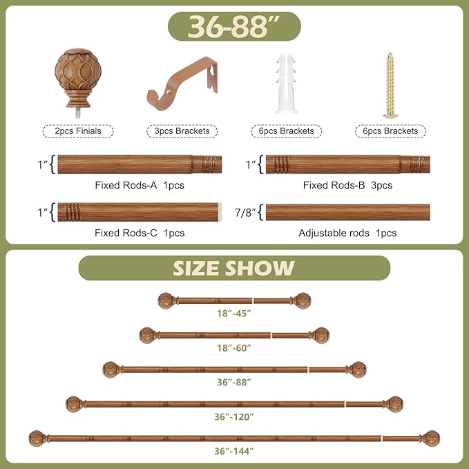 Wood Boho Curtain Rods for Windows:36-88Inch Wooden Farmhouse Curtain Rod for Bedroom Living Room,Heavy Duty Adjustable Rustic Decorative Drapery Rods with Vintage Imitation Wood Finial,Brown-Ruum Studio Home