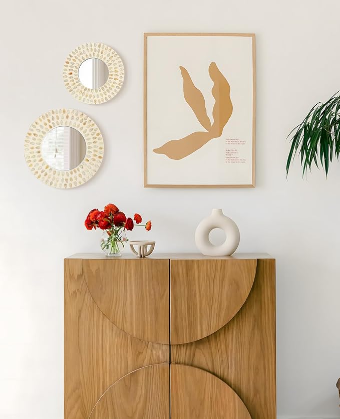 Boho Mirror Wall Decor for Living Room, 3PCS Natural Mother of Pearl Decorative Mirror for Farmhouse Rustic Home, Hanging Sculptures for Women Bedroom Hallway Porch Decoration (Light Brown)-Ruum Studio Home