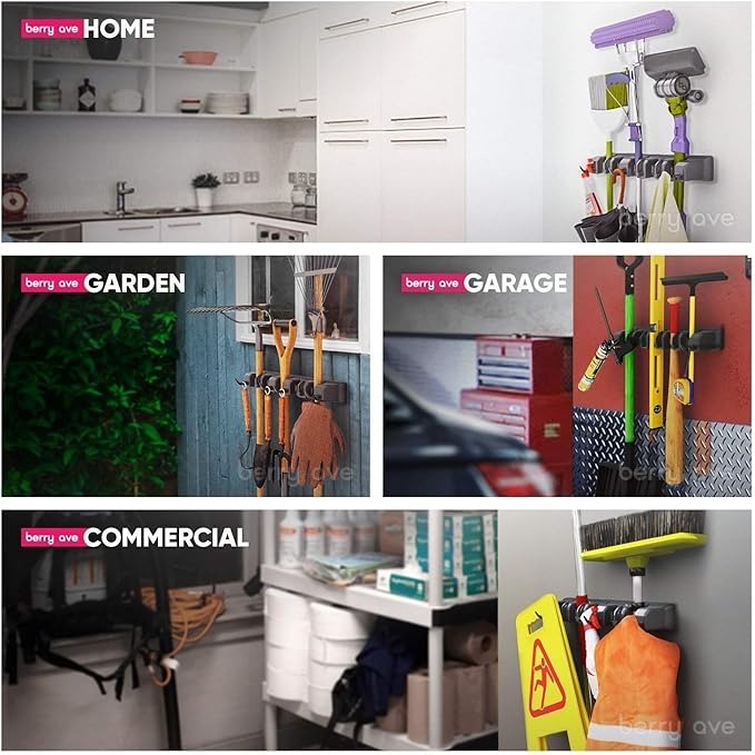 Combo 5 Slot Broom Holder w/ 1 Self Adhesive Mop Gripper No-Drilling, Wall Mount Tool Organizers For Kitchen, Garage, Laundry Room- Anti-Slip Hanger For Brooms, Mops, Rakes, Dustpans (Black / Black)-Ruum Studio Home