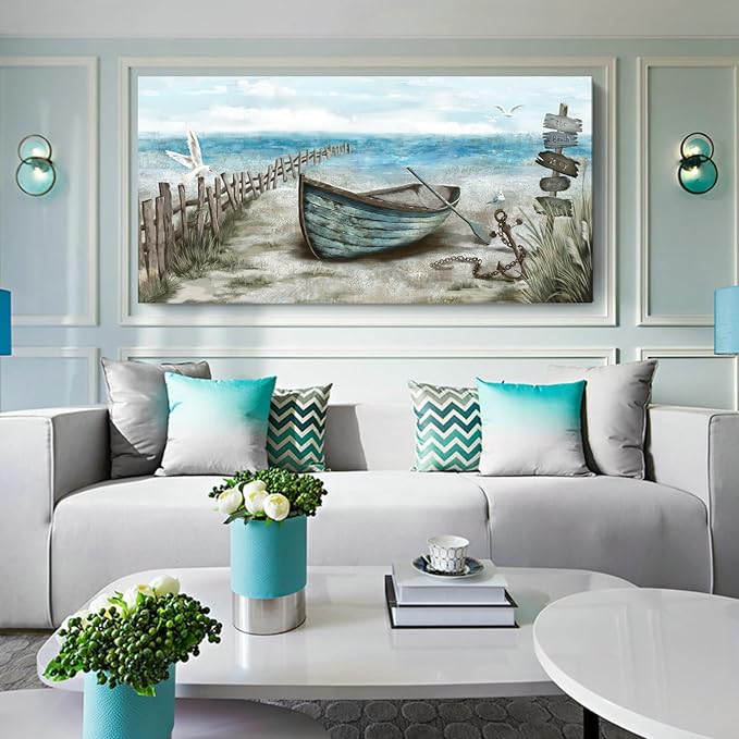 Wall Art for Living Room Large Beach Decor Picture Seagull Vintage Boat Artwork Ocean Sea Bird Canvas Print Seascape Nautical Painting Blue Teal Rustic Coastal Themed Cottage Bedroom Office Décor-Ruum Studio Home