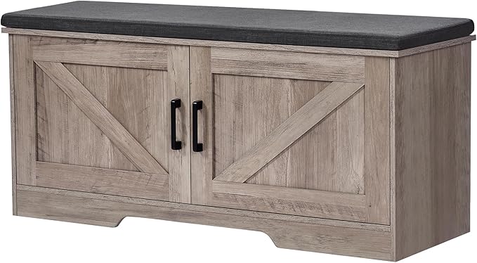 2-Tier Storage Bench, Shoe Bench with Padded Seat Cushion, Entryway Bench with 2 Barn Doors, Adjustable Shelf, 13.8" D x 39.4" W x 17.7" H, for Entryway, Living Room, Bedroom, Greige-Ruum Studio Home