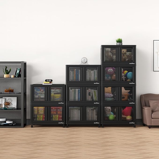 600Qt Stackable Storage Bins with Lids, 150Gal Closet Organizers and Storage Drawer, Plastic Collapsible Storage Bins with Doors, Heavy Duty Store Box Cabinet for Home Kitchen, 6Pack Black-Ruum Studio Home