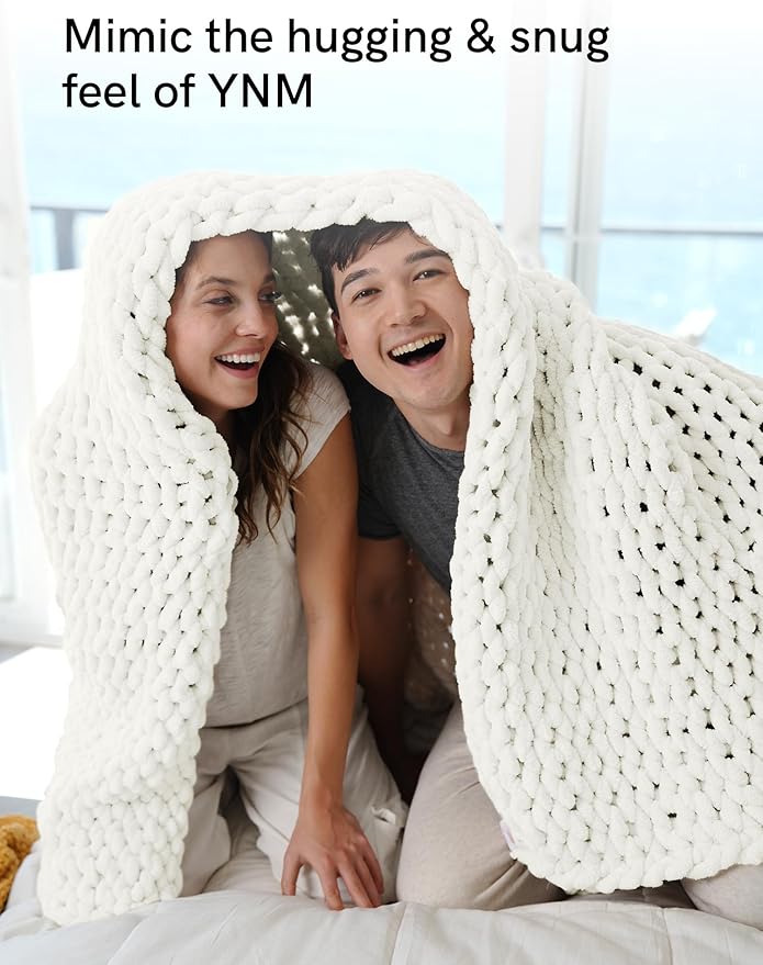 YnM Chunky Throw Blanket, Medium-Weight, Hand Knitted with Chenielle Yarn, Skin Friendly, Ventilated and Breathable, Machine Washable, Home Décor Piece for Couch, Sofa and Bed (White, 40x50 Inch)-Ruum Studio Home