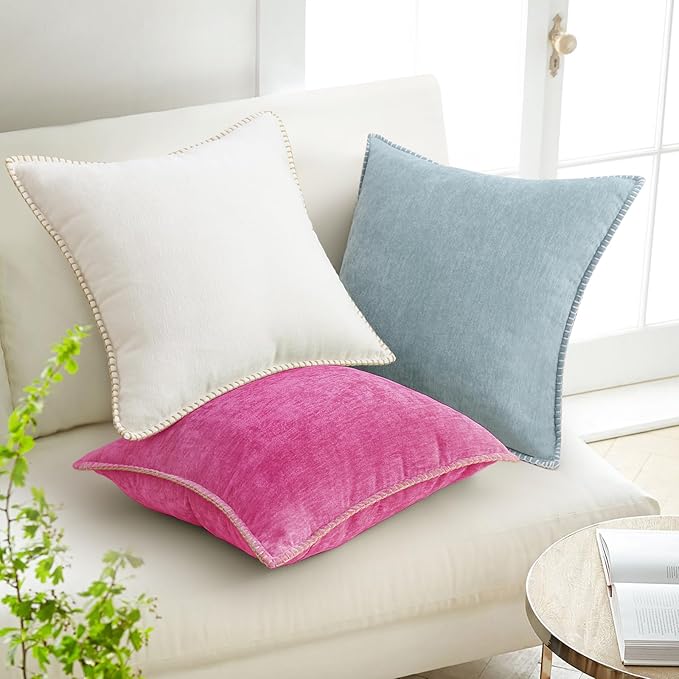 decorUhome Chenille Soft Throw Pillow Covers 20x20 Set of 2, Farmhouse Velvet Neutral Decorative Euro Pillow Covers with Stitched Edge for Couch Sofa Bed Home Decor, Hot Pink-Ruum Studio Home