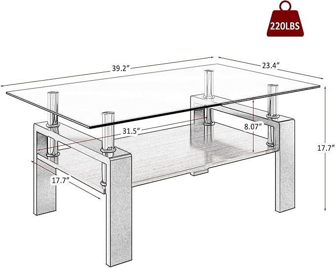Glass Coffee Table Rectangle Living Room Center Table, with Gray Tempered Glass Tabletop and Brown MDF Layer,for Living Room and Office, Gray+Brown-Ruum Studio Home