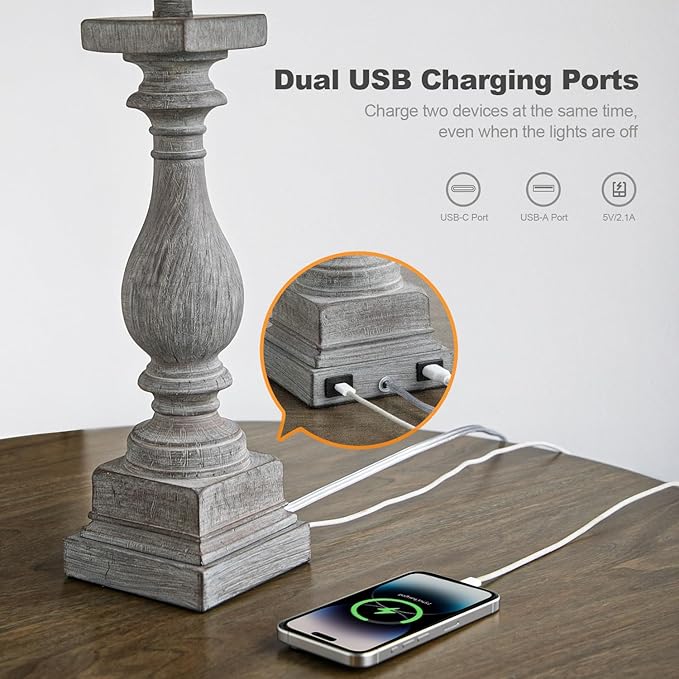 BOBOMOMO 27" Farmhouse Table Lamps with USB-A +C Ports, Vintage Rustic Lamps for Living Room, Linen Shade, Retro Side Table Lamps Set of 2 for Living Room,Bedroom,Night Stands,Office, Home Decor-Ruum Studio Home
